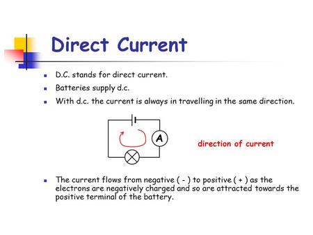Direct Current D.C. stands for direct current. Batteries supply d.c. With d.c. the current is always in travelling in the same direction. The current flows.