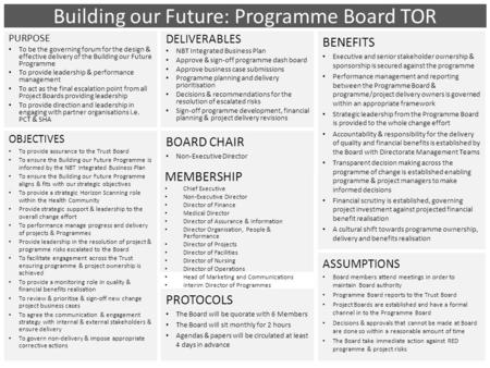 Building our Future: Programme Board TOR PURPOSE To be the governing forum for the design & effective delivery of the Building our Future Programme To.