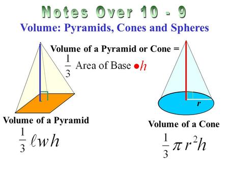 Volume: Pyramids, Cones and Spheres Volume of a Pyramid or Cone = Volume of a Pyramid Volume of a Cone r.