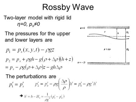 Rossby Wave Two-layer model with rigid lid η=0, p s ≠0 The pressures for the upper and lower layers are The perturbations are 