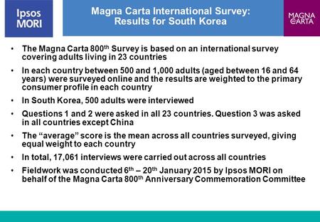1 Magna Carta International Survey: Results for South Korea The Magna Carta 800 th Survey is based on an international survey covering adults living in.