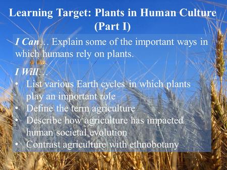 Learning Target: Plants in Human Culture (Part I) I Can… Explain some of the important ways in which humans rely on plants. I Will… List various Earth.
