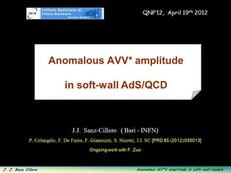 Anomalous AV*V amplitude in soft-wall models J. J. Sanz Cillero Anomalous AVV* amplitude in soft-wall AdS/QCD J.J. Sanz-Cillero ( Bari - INFN) P. Colangelo,