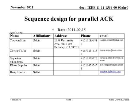 Submission doc.: IEEE 11-11-1564-00-00ahr0 November 2011 Klaus Doppler, NokiaSlide 1 Sequence design for parallel ACK Date: 2011-09-15 Authors:
