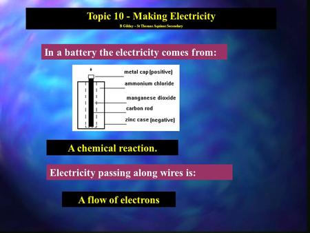 Topic 10 - Making Electricity B Gilday – St Thomas Aquinas Secondary In a battery the electricity comes from: A chemical reaction. A flow of electrons.