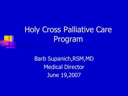 Holy Cross Palliative Care Program Barb Supanich,RSM,MD Medical Director June 19,2007.