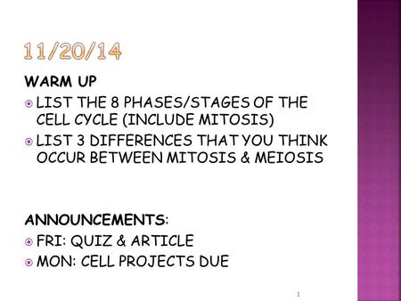 WARM UP  LIST THE 8 PHASES/STAGES OF THE CELL CYCLE (INCLUDE MITOSIS)  LIST 3 DIFFERENCES THAT YOU THINK OCCUR BETWEEN MITOSIS & MEIOSIS ANNOUNCEMENTS: