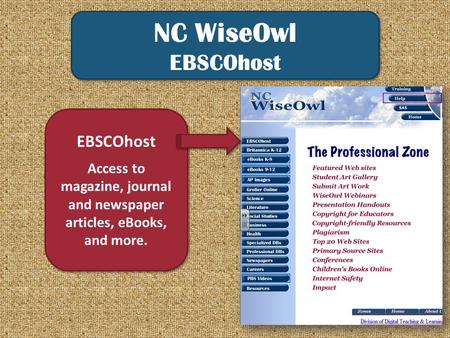NC WiseOwl EBSCOhost NC WiseOwl EBSCOhost Access to magazine, journal and newspaper articles, eBooks, and more. EBSCOhost Access to magazine, journal and.