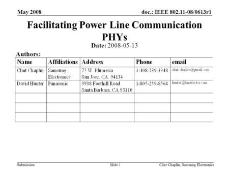 Doc.: IEEE 802.11-08/0613r1 Submission May 2008 Clint Chaplin, Samsung ElectronicsSlide 1 Facilitating Power Line Communication PHYs Date: 2008-05-13 Authors: