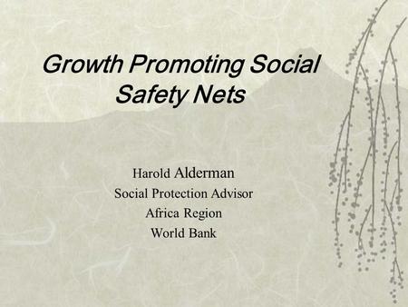Growth Promoting Social Safety Nets Harold Alderman Social Protection Advisor Africa Region World Bank.