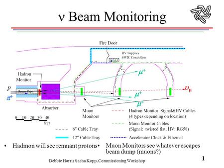 Debbie Harris Sacha Kopp, Commissioning Workshop 1    Beam Monitoring Hadmon will see remnant protons Muon Monitors see whatever escapes beam.