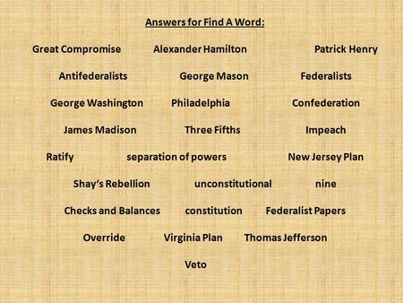Answers for Find A Word: Great CompromiseAlexander HamiltonPatrick Henry AntifederalistsGeorge MasonFederalists George WashingtonPhiladelphia Confederation.