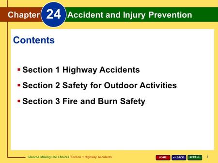 Glencoe Making Life Choices Section 1 Highway Accidents Chapter 24 Accident and Injury Prevention 1 > HOME Chapter Accident and Injury Prevention.