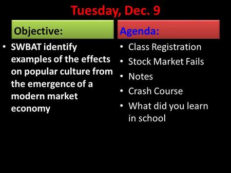 Tuesday, Dec. 9 Objective: SWBAT identify examples of the effects on popular culture from the emergence of a modern market economy Agenda: Class Registration.