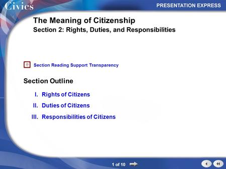 Section Outline 1 of 10 The Meaning of Citizenship Section 2: Rights, Duties, and Responsibilities I.Rights of Citizens II.Duties of Citizens III.Responsibilities.