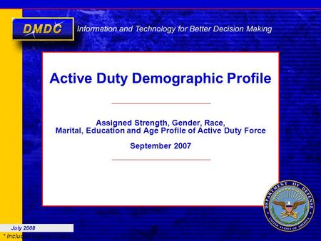 * Includes Marine Corps Active Duty Demographic Profile Assigned Strength, Gender, Race, Marital, Education and Age Profile of Active Duty Force September.
