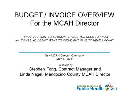 BUDGET / INVOICE OVERVIEW For the MCAH Director