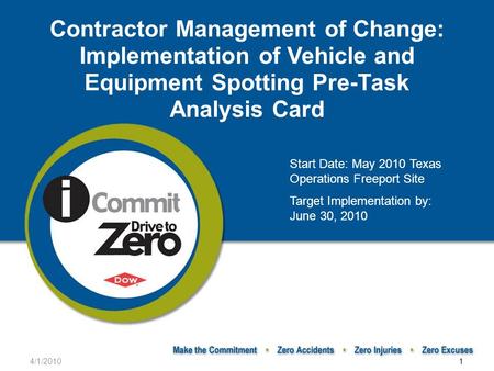 4/1/20101 Contractor Management of Change: Implementation of Vehicle and Equipment Spotting Pre-Task Analysis Card Start Date: May 2010 Texas Operations.