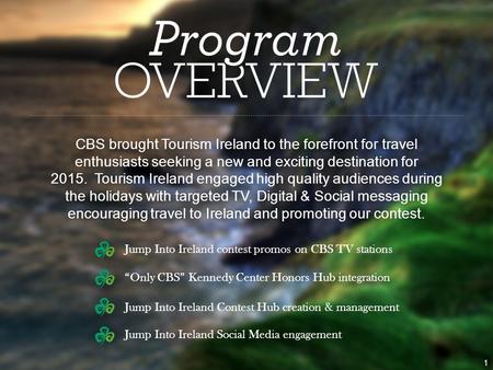 “Only CBS” Kennedy Center Honors Hub integration Jump Into Ireland Contest Hub creation & management Jump Into Ireland Social Media engagement CBS brought.