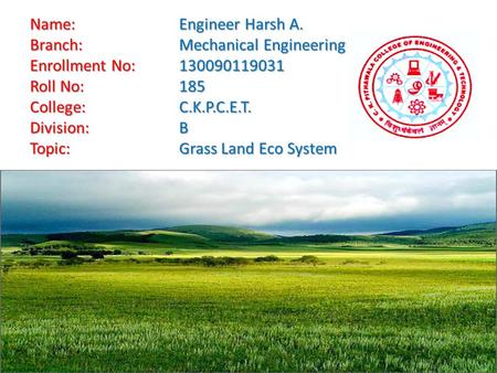 Name: Engineer Harsh A. Branch: Mechanical Engineering Enrollment No: 130090119031 Roll No: 185 College: C.K.P.C.E.T. Division: B Topic:Grass Land Eco.