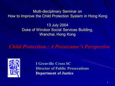 1 Multi-disciplinary Seminar on How to Improve the Child Protection System in Hong Kong 13 July 2004 Duke of Windsor Social Services Building, Wanchai,