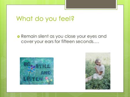 What do you feel?  Remain silent as you close your eyes and cover your ears for fifteen seconds….