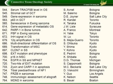 12 th Annual CTOS Meeting 2006 544.Serum TRACP5B level in OSS. AvnetBologna 545.Stromal cell of GCTM. SalernoBologna 549.Gene expression in sarcomaD.E.
