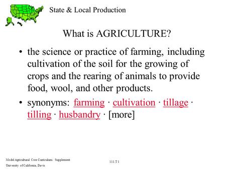 What is AGRICULTURE? the science or practice of farming, including cultivation of the soil for the growing of crops and the rearing of animals to provide.
