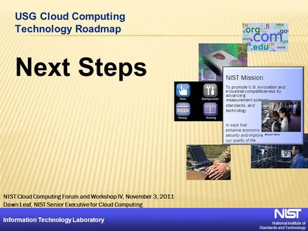 National Institute of Standards and Technology Information Technology Laboratory 1 USG Cloud Computing Technology Roadmap Next Steps NIST Mission: To promote.