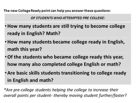 The new College Ready point can help you answer these questions: *Are pre-college students helping the college to increase their overall points per student-