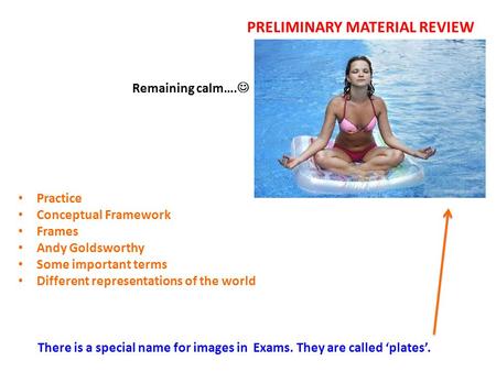 PRELIMINARY MATERIAL REVIEW Remaining calm…. There is a special name for images in Exams. They are called ‘plates’. Practice Conceptual Framework Frames.