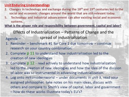 Effects of Industrialization – Patterns of Change and the spread of industrialization Unit Enduring Understandings 2.Changes in technology and exchange.