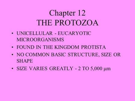 Chapter 12 THE PROTOZOA UNICELLULAR - EUCARYOTIC MICROORGANISMS