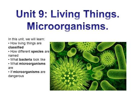 In this unit, we will learn: How living things are classified How different species are named What bacteria look like What microorganisms are If microorganisms.