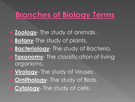  Zoology - The study of animals.  Botany -The study of plants.  Bacteriology - The study of Bacteria.  Taxonomy - The classification of living organisms.