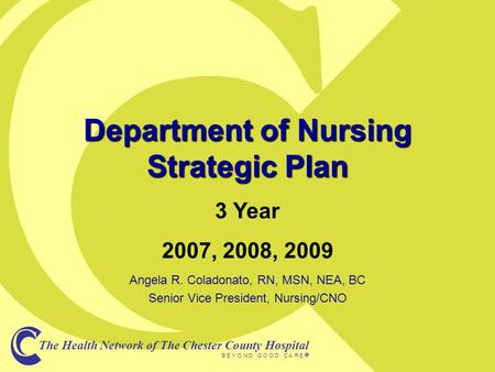 The Health Network of The Chester County Hospital B E Y O N D G O O D C A R E  Department of Nursing Strategic Plan Angela R. Coladonato, RN, MSN, NEA,