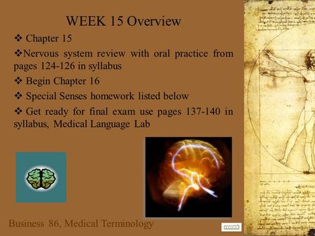 Business 86, Medical Terminology WEEK 15 Overview  Chapter 15  Nervous system review with oral practice from pages 124-126 in syllabus  Begin Chapter.