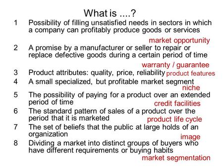 What is....? 1Possibility of filling unsatisfied needs in sectors in which a company can profitably produce goods or services 2A promise by a manufacturer.
