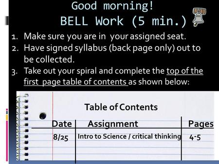 Good morning! BELL Work (5 min.) 1.Make sure you are in your assigned seat. 2.Have signed syllabus (back page only) out to be collected. 3.Take out your.