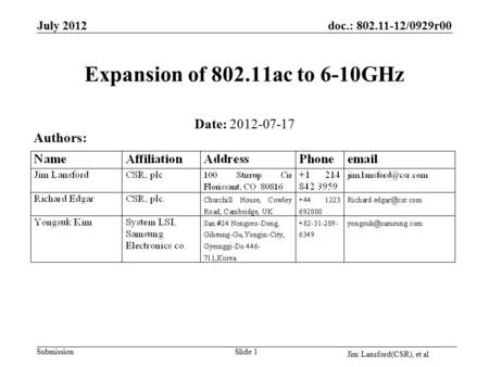 Submission doc.: 802.11-12/0929r00 Jim Lansford(CSR), et al Slide 1 Expansion of 802.11ac to 6-10GHz Date: 2012-07-17 Authors: July 2012.