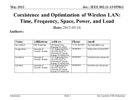 Doc.: IEEE 802.11-13/0558r1 Submission May 2013 Jim Lansford, CSR TechnologySlide 1 Coexistence and Optimization of Wireless LAN: Time, Frequency, Space,