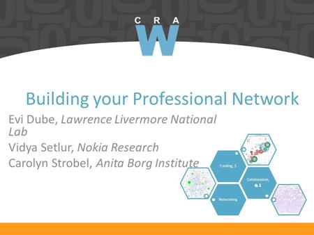 Building your Professional Network Evi Dube, Lawrence Livermore National Lab Vidya Setlur, Nokia Research Carolyn Strobel, Anita Borg Institute Networking.