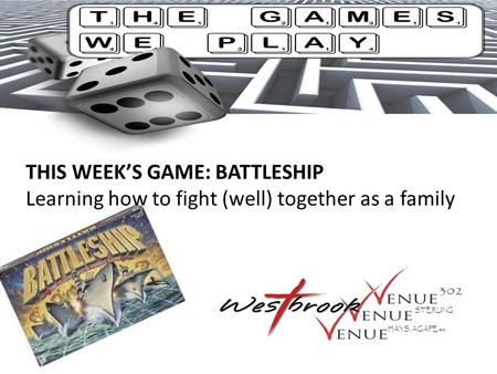 THIS WEEK’S GAME: BATTLESHIP Learning how to fight (well) together as a family STERLING HAYS, AGAPE SBC.