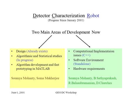 June 1, 2001GEO DC Workshop Detector Characterization Robot (Progress Since January 2001) Design (Already exists) Algorithmic and Statistical studies (In.