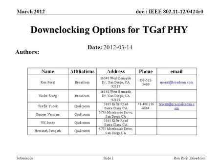 Doc.: IEEE 802.11-12/0424r0 Submission March 2012 Ron Porat, Broadcom Downclocking Options for TGaf PHY Date: 2012-03-14 Authors: Slide 1.