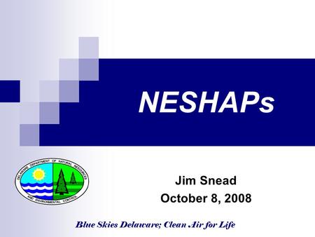 Blue Skies Delaware; Clean Air for Life NESHAPs Jim Snead October 8, 2008.