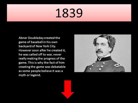1839 Abner Doubleday created the game of baseball in his own backyard of New York City. However soon after he created it, he was called off to war, never.