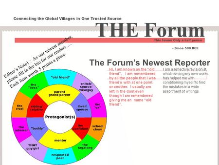 The Forum’s Newest Reporter Hi, I am known as the “old friend”. I am remembered by all the people that I was friend’s with at one point or another. I usually.