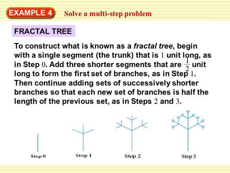 EXAMPLE 4 Solve a multi-step problem To construct what is known as a fractal tree, begin with a single segment (the trunk) that is 1 unit long, as in Step.