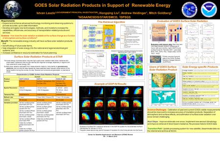Center for Satellite Applications and Research (STAR) Review 09 – 11 March 2010 GOES Solar Radiation Products in Support of Renewable Energy Istvan Laszlo.